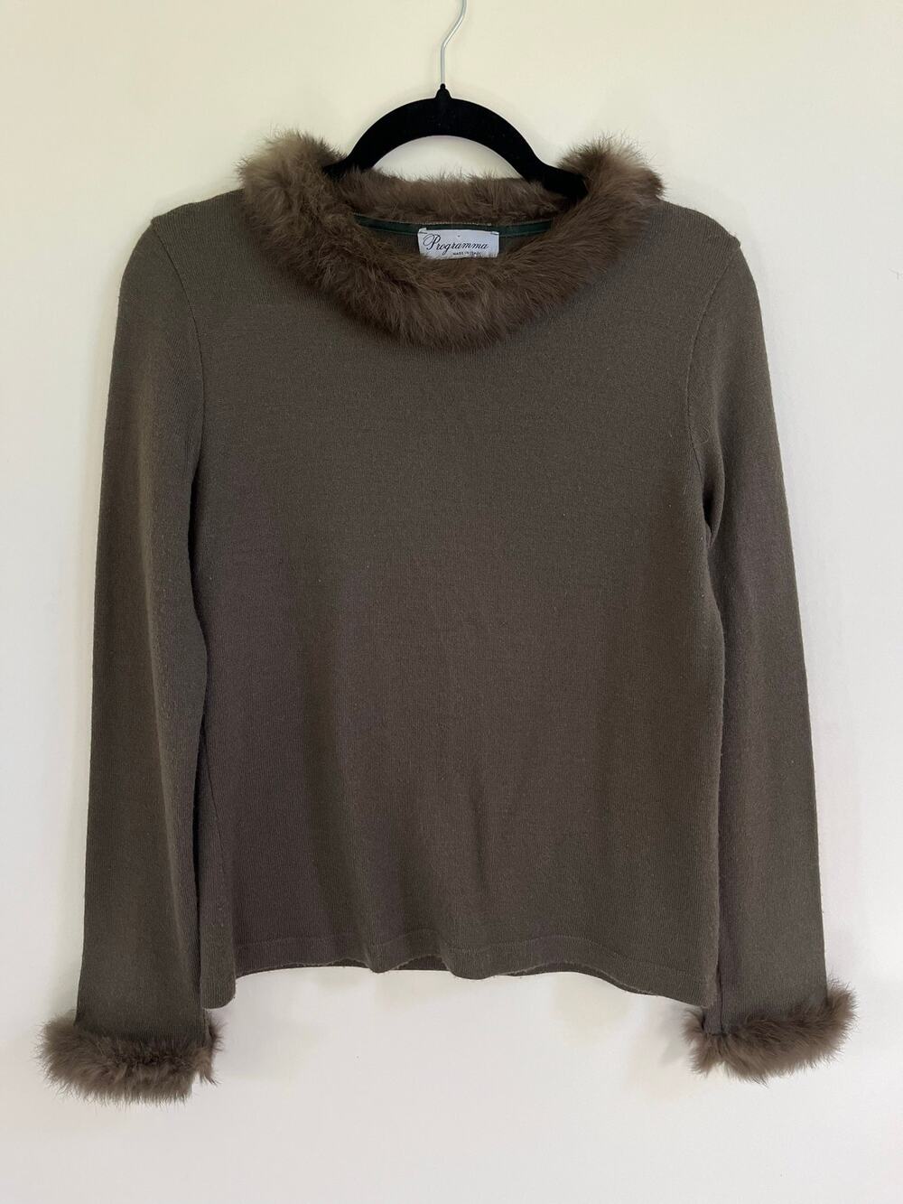 Programma Women’s Italian Wool Green Boatneck Sweater with Faux Fur Trim, S